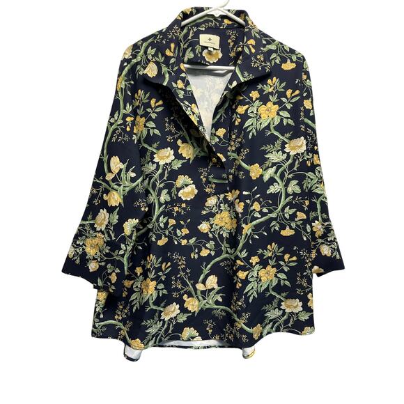 Tuckernuck Navy Yellow Floral Tunic Blouse Top Size L READ - Picture 1 of 12